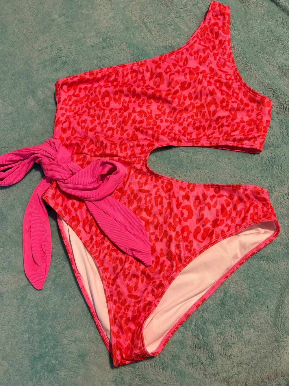 One-Shoulder Hot Pink Leopard Cutout Girls' One-Piece Swimsuit with Side Tie
